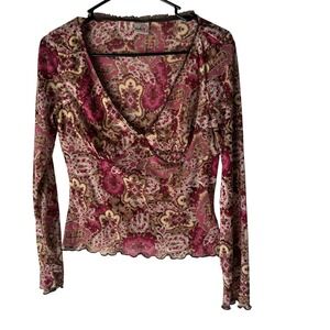 Studio Y Y2k Paisley Print Long Sleeve V Neck Top Blouse Pink Brown Boho Western
